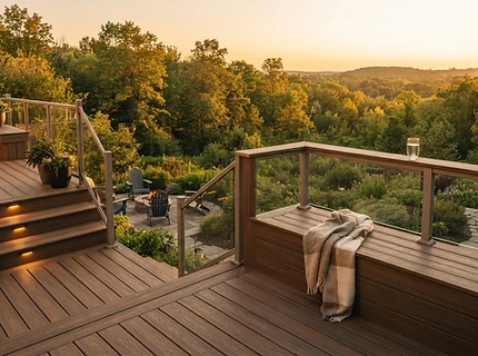 Finished custom multi-level deck overlooking a Durham Region backyard at golden hour