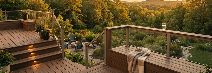 Lakefront deck built for a Newcastle village home at golden hour