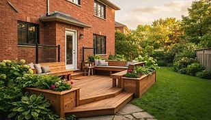 Low-level deck with integrated bench seating attached to a brick Durham Region home