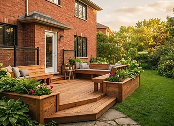 Low-level deck with integrated bench seating on a brick home