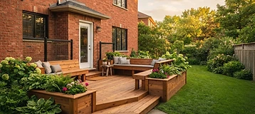 Deck with integrated bench seating on a brick home