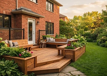 Deck with integrated seating complementing a Whitby heritage brick home
