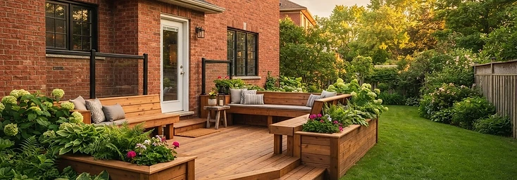 Deck with integrated seating complementing a Whitby heritage brick home
