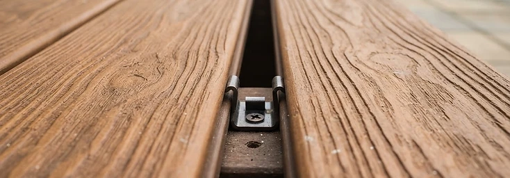 Close-up of composite decking board with realistic wood grain and hidden fastener