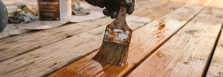 Close detail of a deck board being refinished after repair, warm cedar tone
