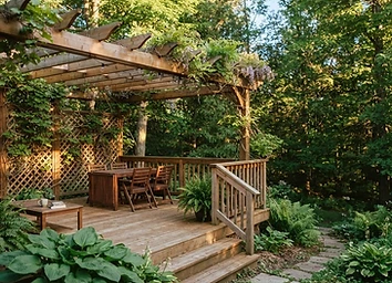 Raised deck with pergola and privacy lattice in a wooded setting