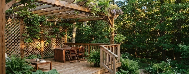 Raised backyard deck with pergola surrounded by mature trees in the Durham Region