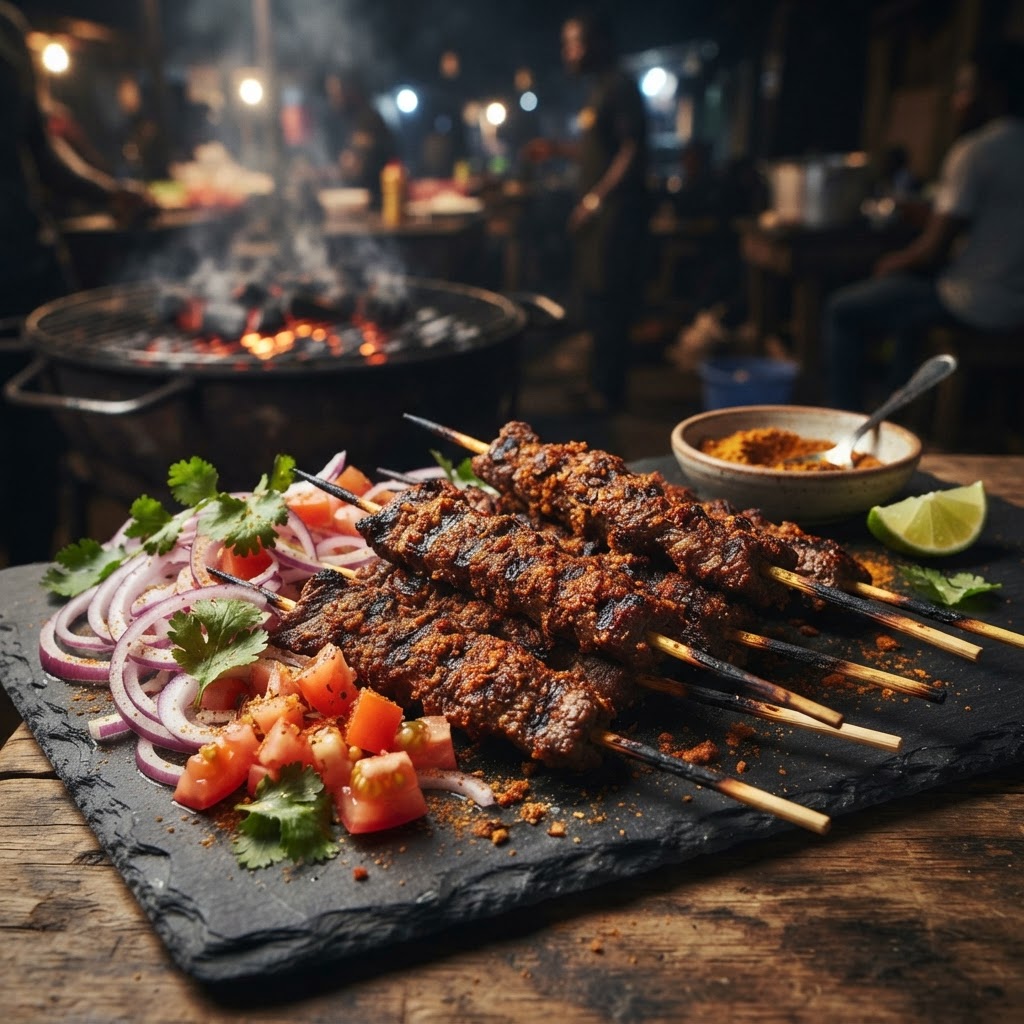 Nigerian suya skewers with sliced onion and tomato