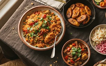 A vibrant West African feast spread on a dark table