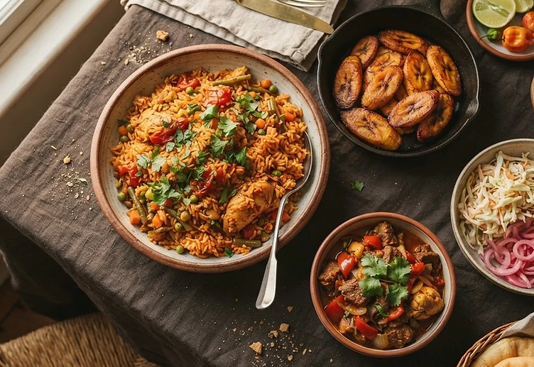 A vibrant West African feast spread on a dark table