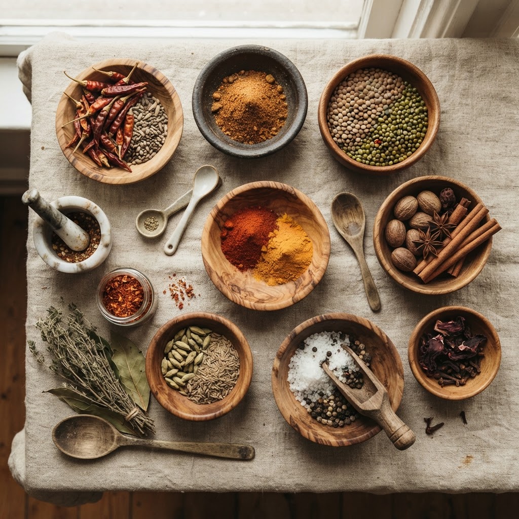 African pantry staples including spices, grains, and oils