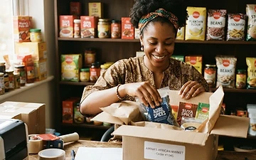 A vendor packaging African grocery products for an online order