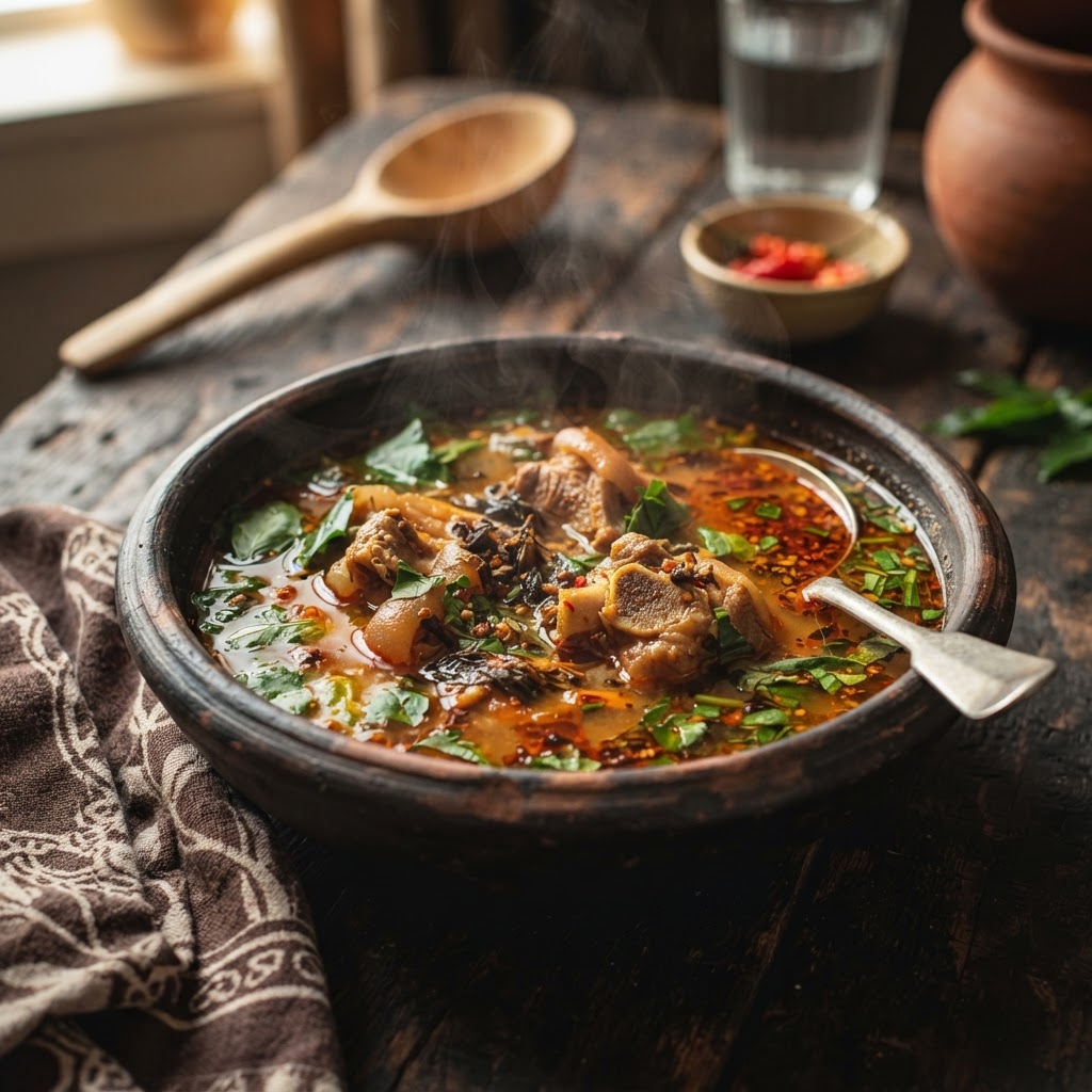 Nigerian goat meat pepper soup in a bowl