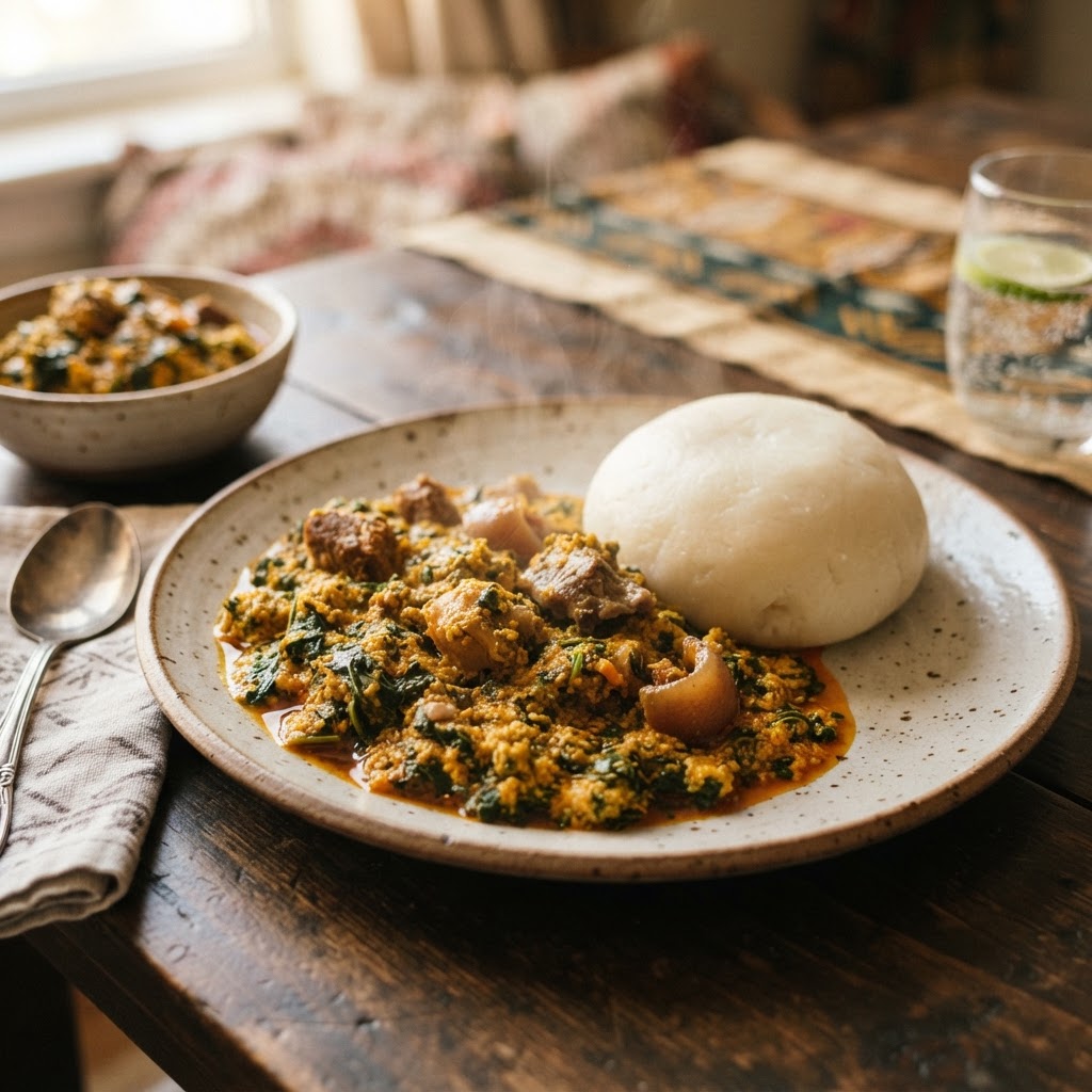Nigerian egusi soup with white fufu (pounded yam)