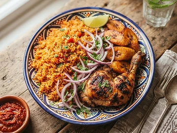 Ghanaian Jollof rice with fried plantains and grilled chicken
