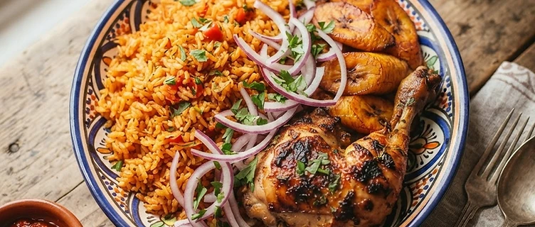 Ghanaian Jollof rice with fried plantains and grilled chicken