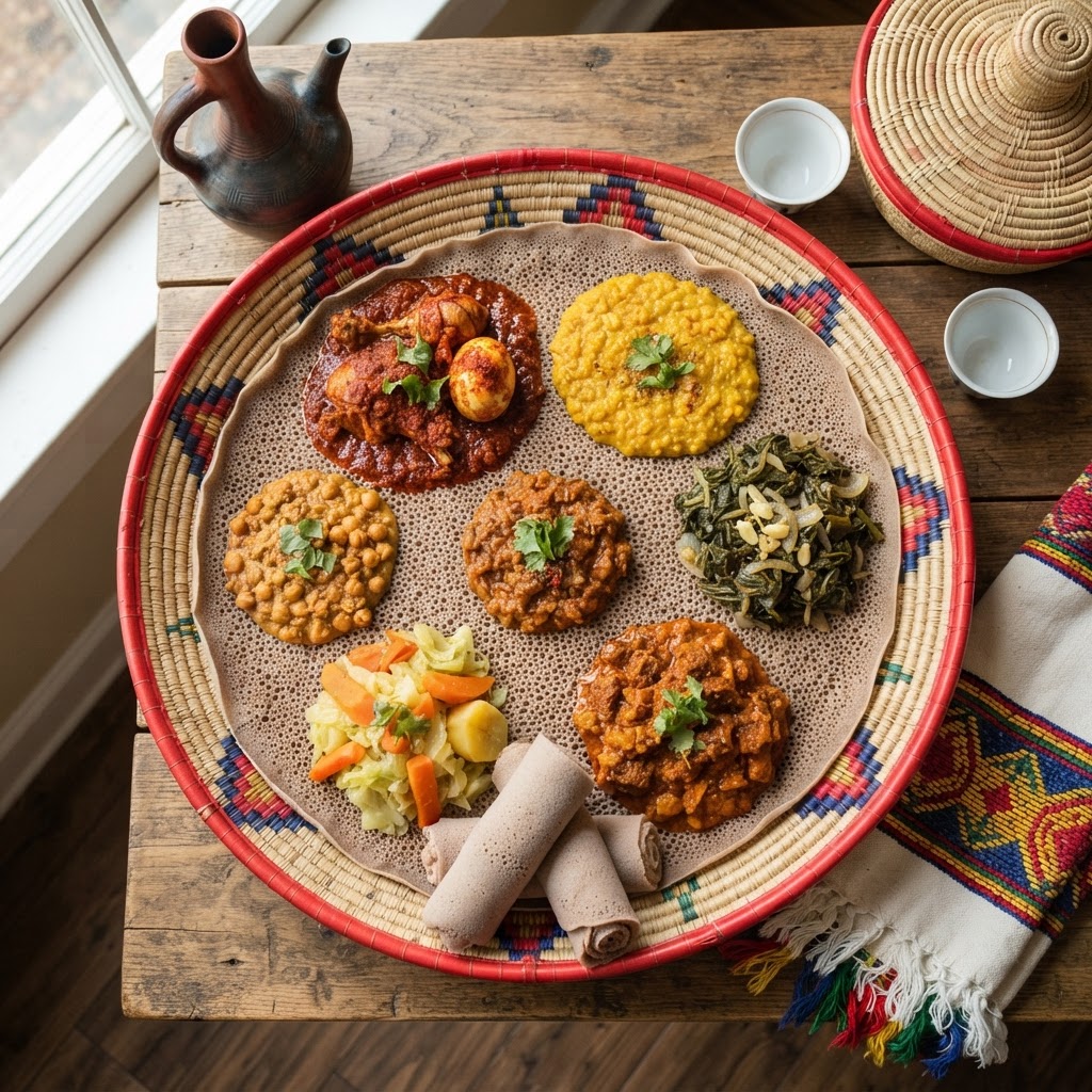 Ethiopian injera platter with doro wat, lentils, and greens