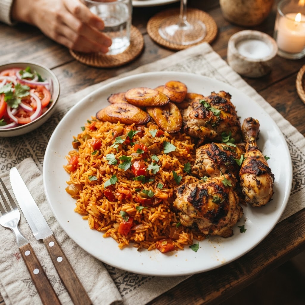 Nigerian jollof rice with fried plantain and grilled chicken