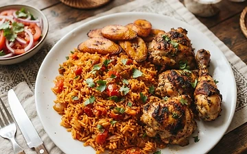 Nigerian jollof rice with fried plantain and grilled chicken