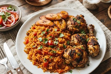 Nigerian jollof rice with fried plantain and grilled chicken