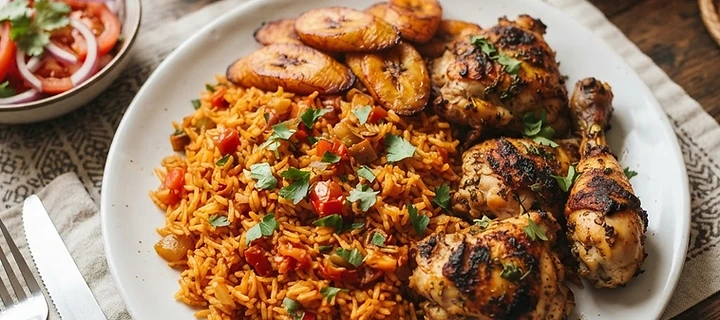 Nigerian jollof rice with fried plantain and grilled chicken
