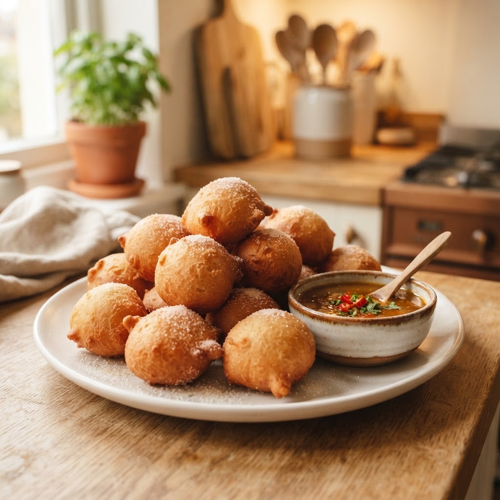 Golden fried Nigerian puff puff on a plate