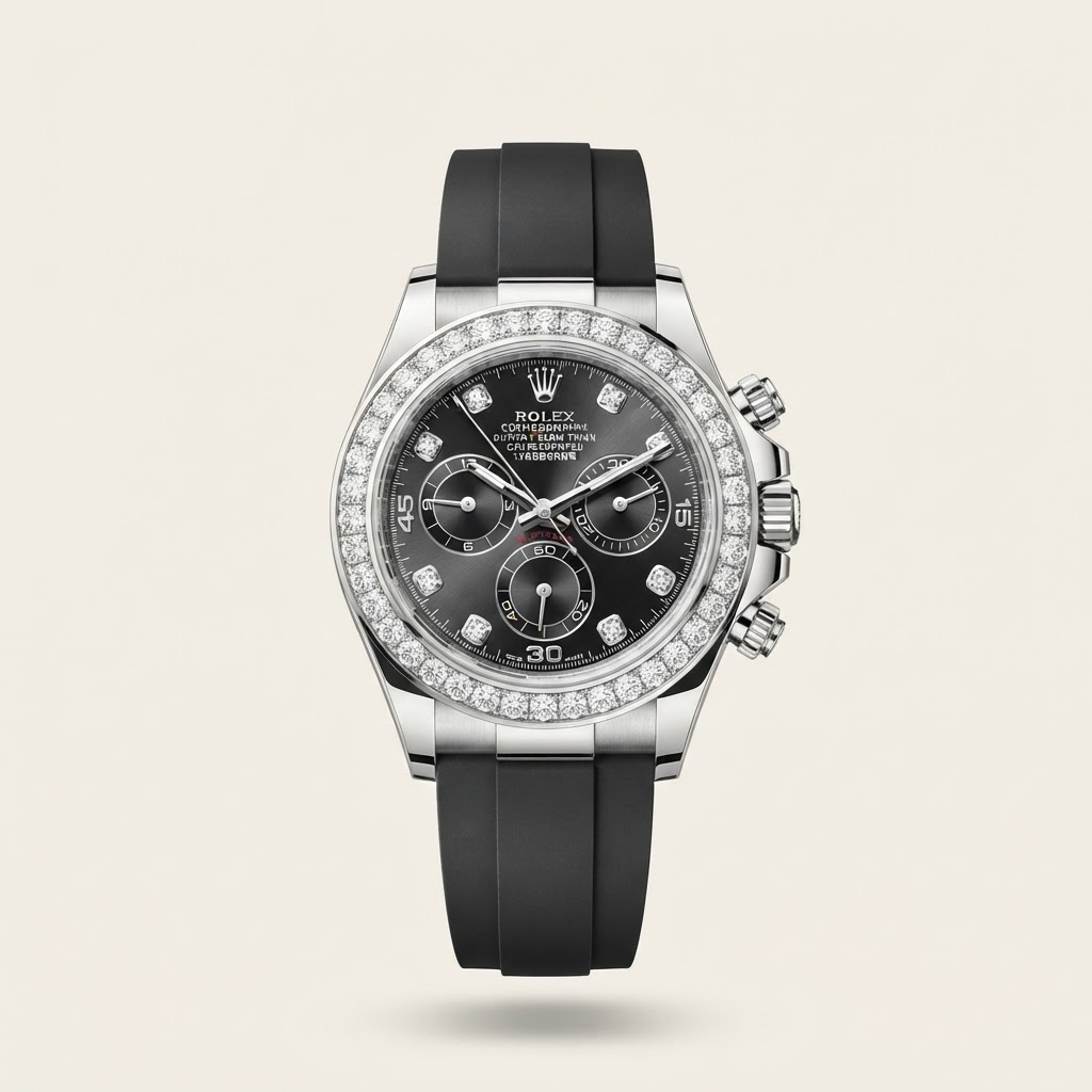 Rolex Rolex Cosmograph Daytona — Steel and Bright Black Dial with 8 Factory Diamond-Set Hour Markers Precious Metal Gem-Set Chronograph Watch 18k White Gold