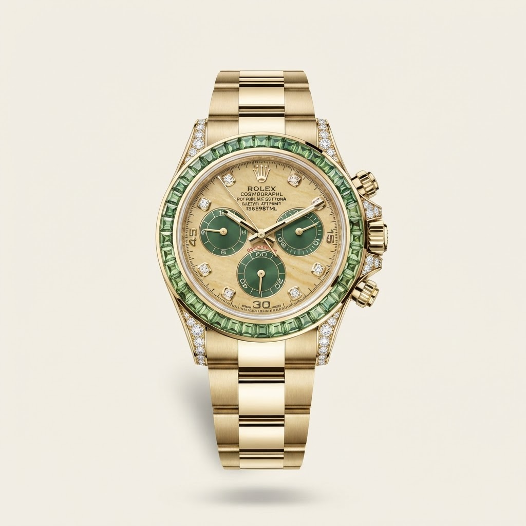 Rolex Rolex Cosmograph Daytona — Natural Yellow Stone Dial with Green Contrasting Subdials and Diamond Hour Markers Gem-Set Precious Metal Chronograph Watch 18k Yellow Gold