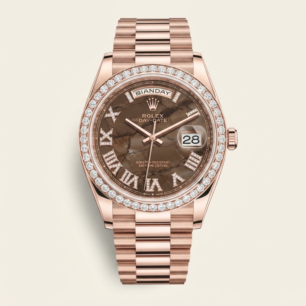 Rolex Rolex Day-Date 36 — Eisenkiesel Stone Dial with Applied 18k Everose Gold Roman VI and IX Set with Diamonds Precious Metal Natural Hardstone Dress Watch 18k Everose Gold