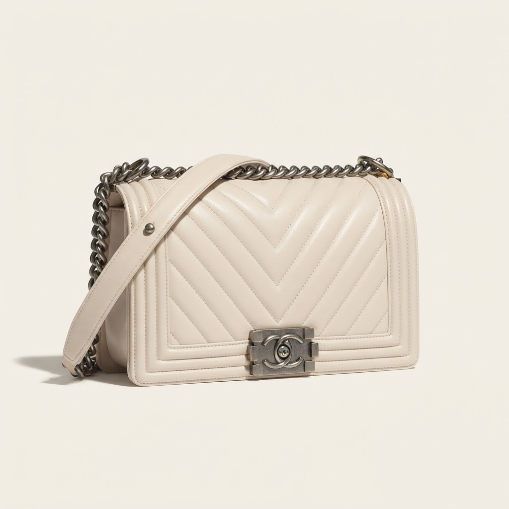 Chanel Chanel Boy Bag Medium Chevron Quilted Lambskin Light Beige