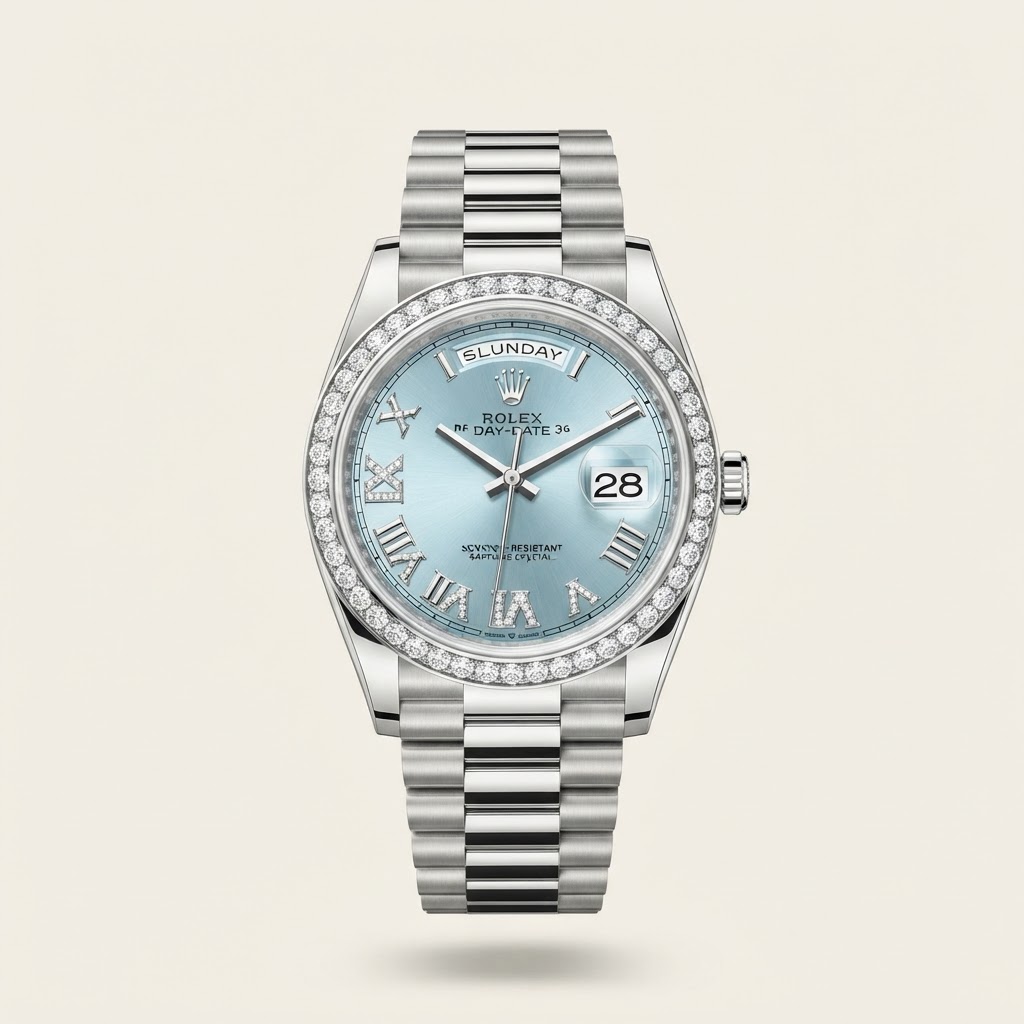 Rolex Rolex Day-Date 36 — Ice Blue Sunburst Dial with Applied 18k White Gold Roman VI and IX Set with Diamonds Precious Metal Gem-Set Flagship Dress Watch 950 Platinum