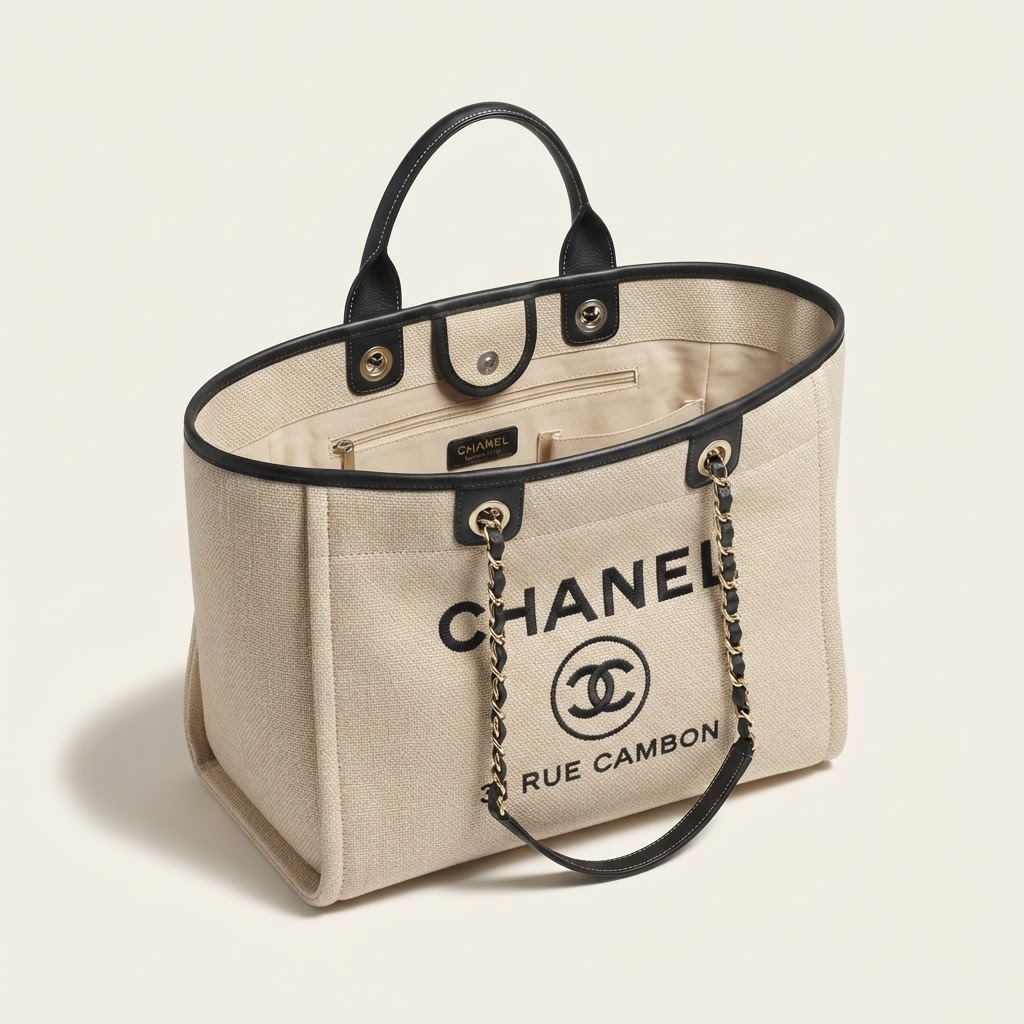Chanel Chanel Deauville Medium Tote Bag Mixed Fibers Beige Black