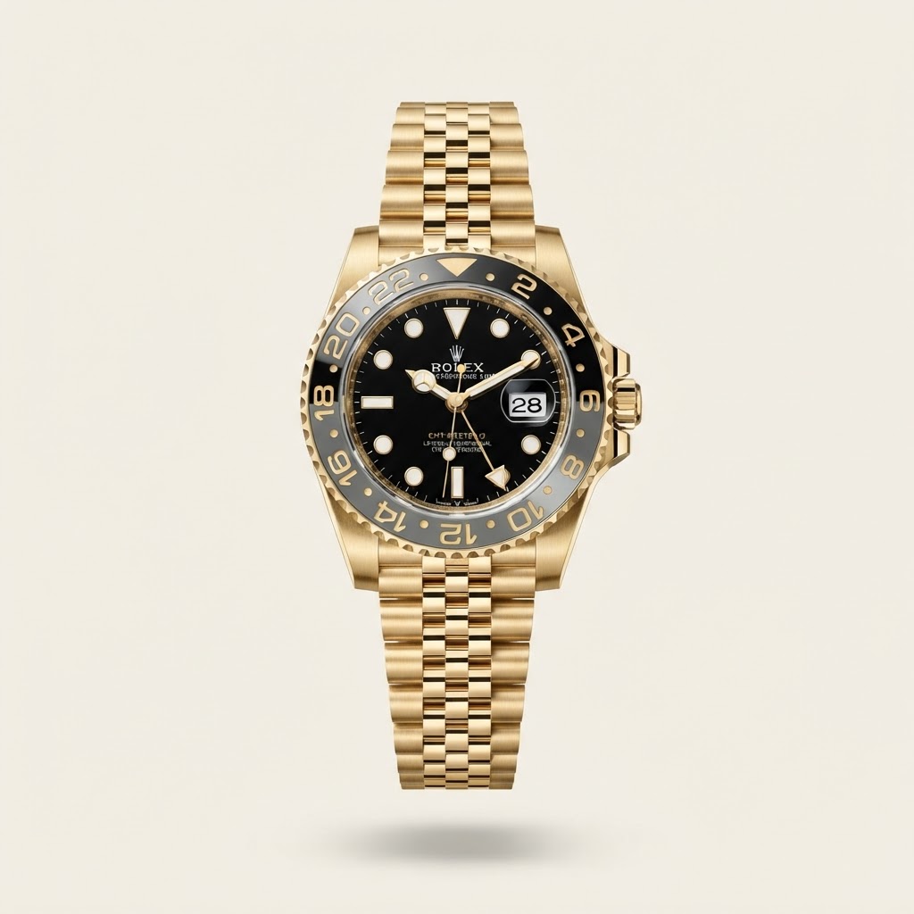 Rolex Rolex GMT-Master II — Intense Black Lacquer Dial with Applied 18k Yellow Gold Chromalight Markers Precious Metal Dual-Time Professional Watch 18k Yellow Gold