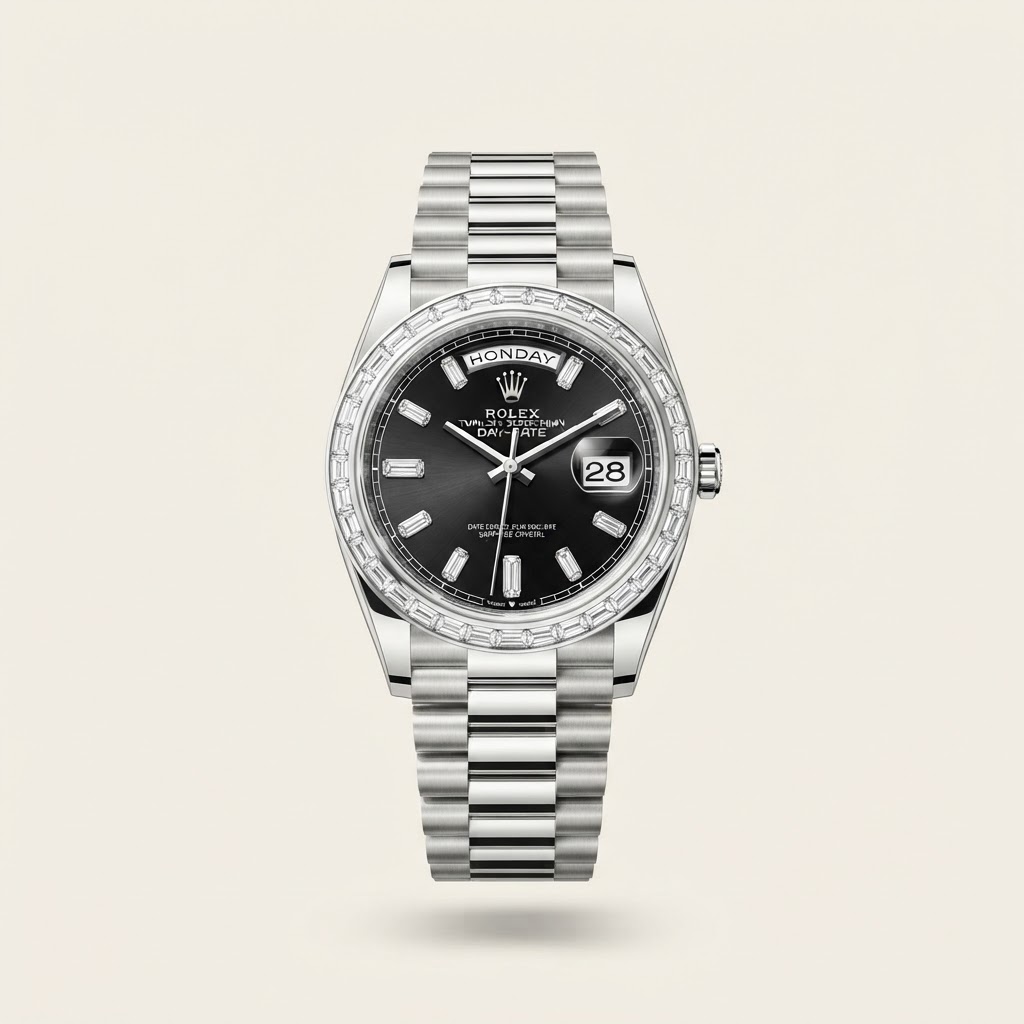 Rolex Rolex Day-Date 36 — Bright Black Sunburst Dial with 10 Baguette-Cut Diamond Hour Markers Precious Metal Gem-Set Flagship Dress Watch 18k White Gold
