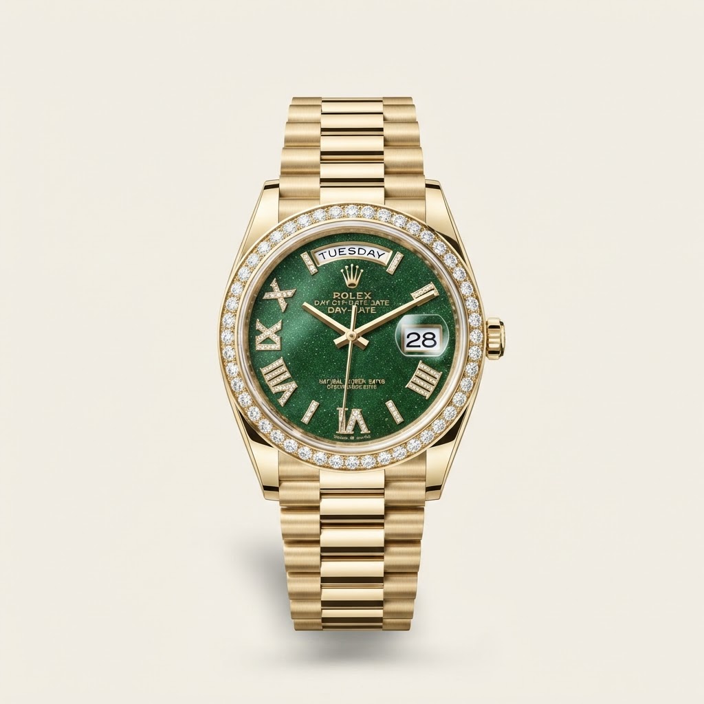 Rolex Rolex Day-Date 36 — Green Aventurine Stone Dial with Applied 18k Yellow Gold Roman VI and IX Set with Diamonds Precious Metal Natural Hardstone Dress Watch 18k Yellow Gold
