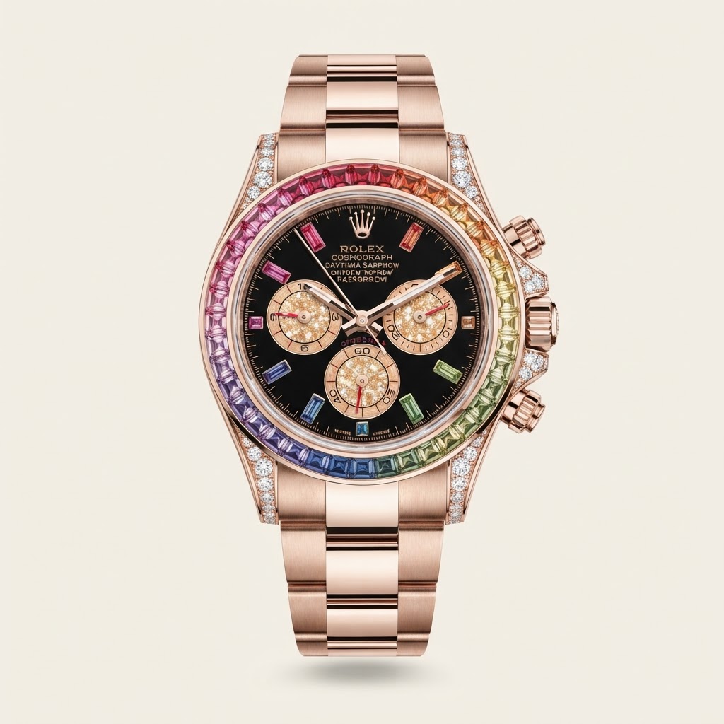 Rolex Rolex Cosmograph Daytona — Black Gloss Dial with 11 Baguette-Cut Rainbow Sapphire Hour Markers and Gold Crystal Subdials Gem-Set Precious Metal Chronograph Watch 18k Everose Gold