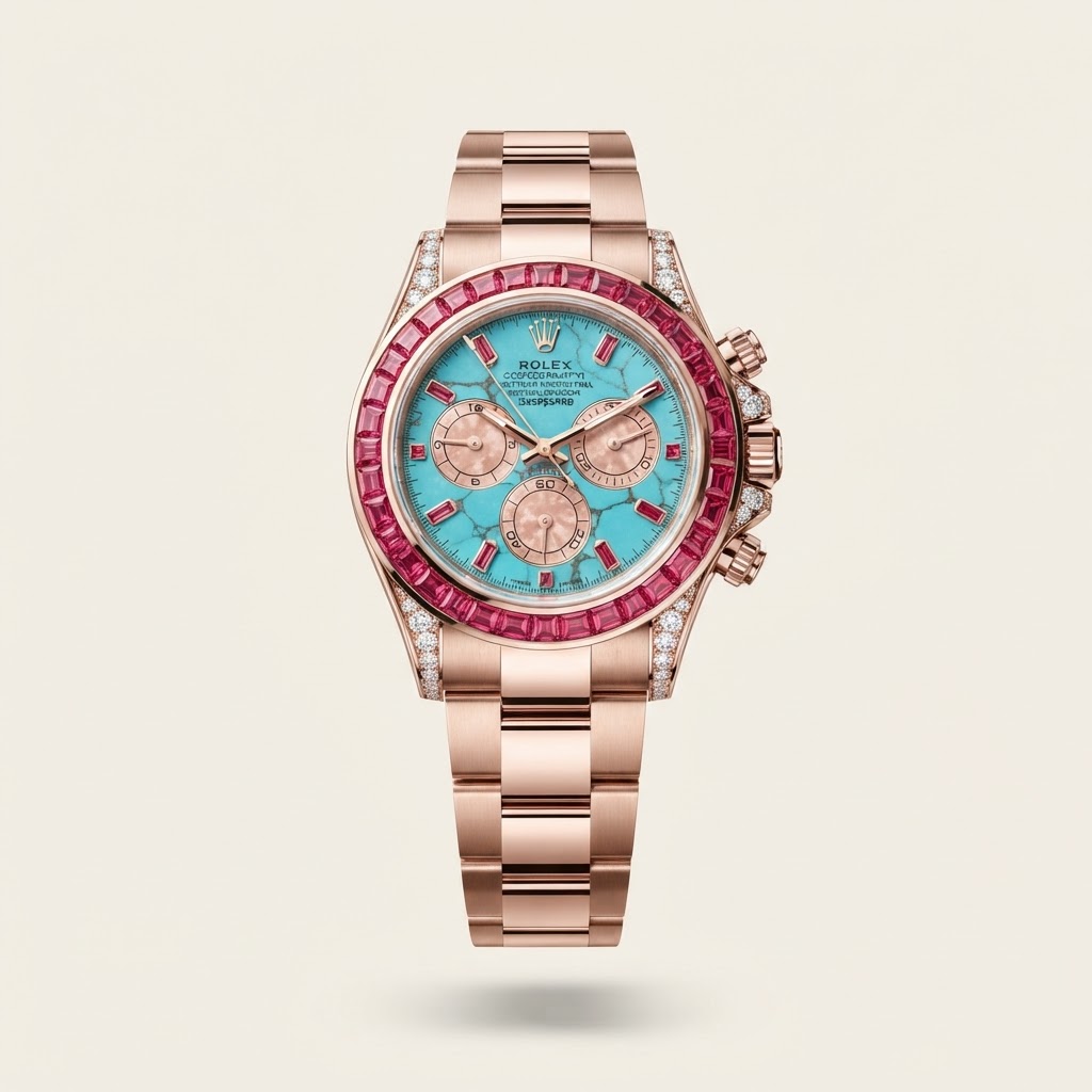 Rolex Rolex Cosmograph Daytona — Natural Turquoise Stone Dial with Pink Subdials and Ruby Hour Markers Gem-Set Precious Metal Chronograph Watch 18k Everose Gold