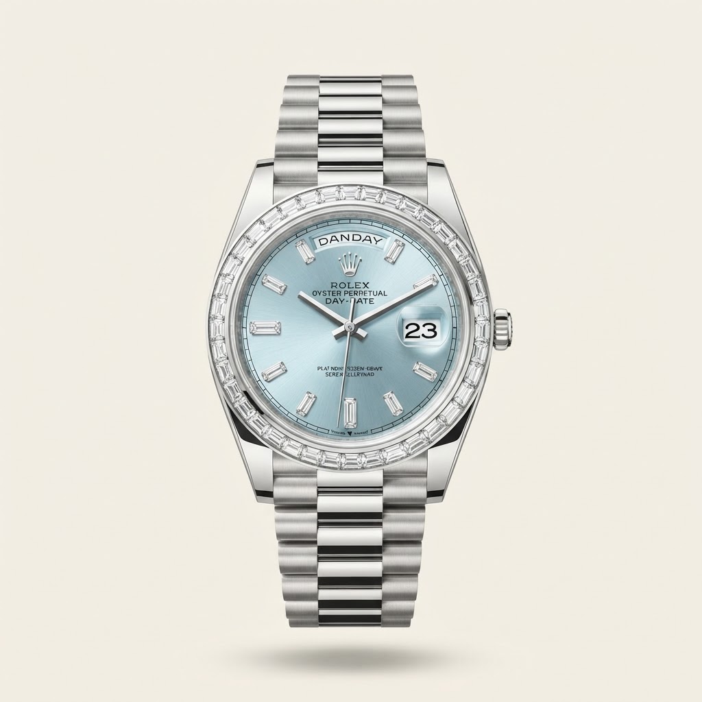 Rolex Rolex Day-Date 40 — Ice Blue Sunburst Dial with 10 Baguette-Cut Diamond Hour Markers Precious Metal Gem-Set Flagship Dress Watch 950 Platinum