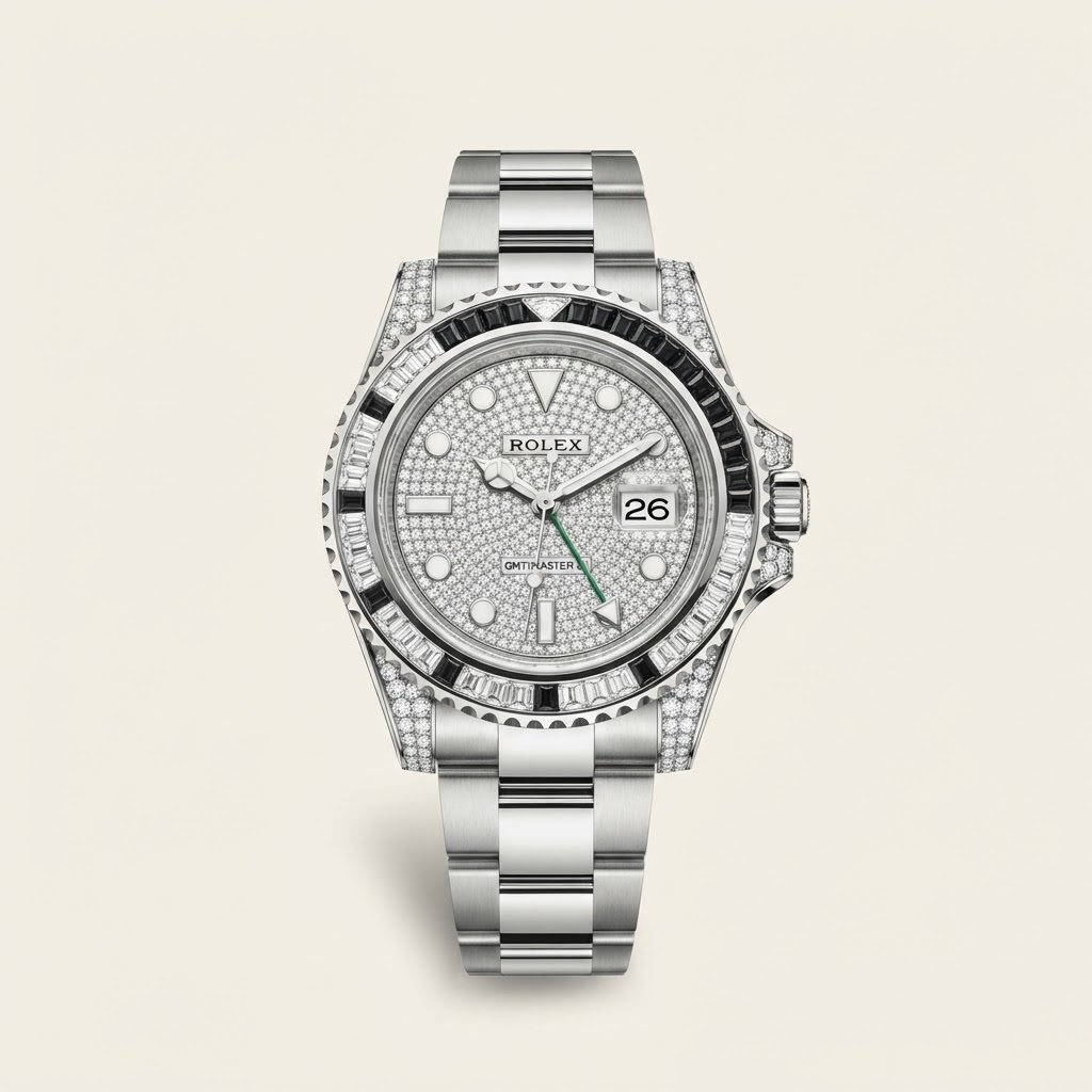 Rolex Rolex GMT-Master II — Pavé Diamond Dial with Applied 18k White Gold Luminous Hour Markers Gem-Set Precious Metal Dual-Time Professional Watch 18k White Gold