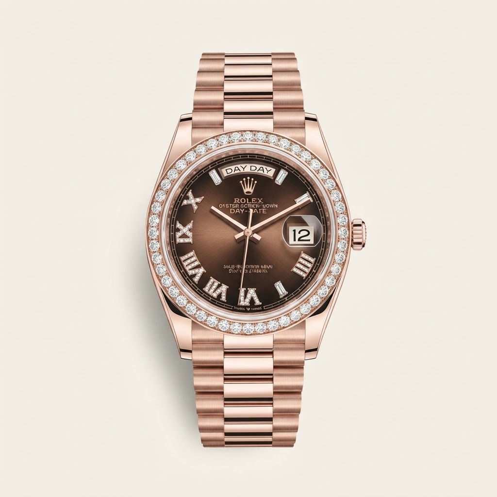 Rolex Rolex Day-Date 36 — Brown Ombré Sunburst Dial with Applied 18k Everose Gold Diamond-Set Roman VI and IX Hour Markers Precious Metal Gem-Set Flagship Dress Watch 18k Everose Gold