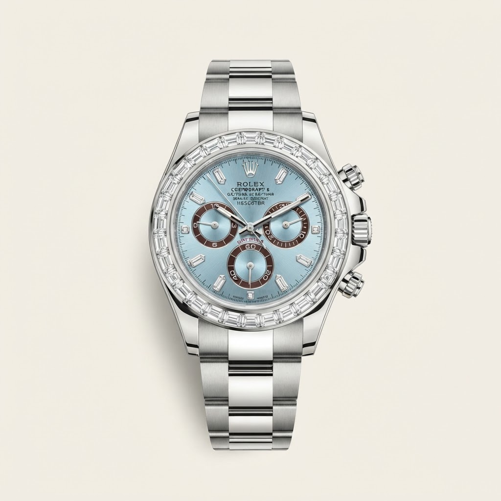 Rolex Rolex Cosmograph Daytona — Ice Blue Sunburst Dial with Chestnut Brown Chronograph Rings and 8 Baguette-Cut Diamond Markers Precious Metal Gem-Set Chronograph Watch 950 Platinum