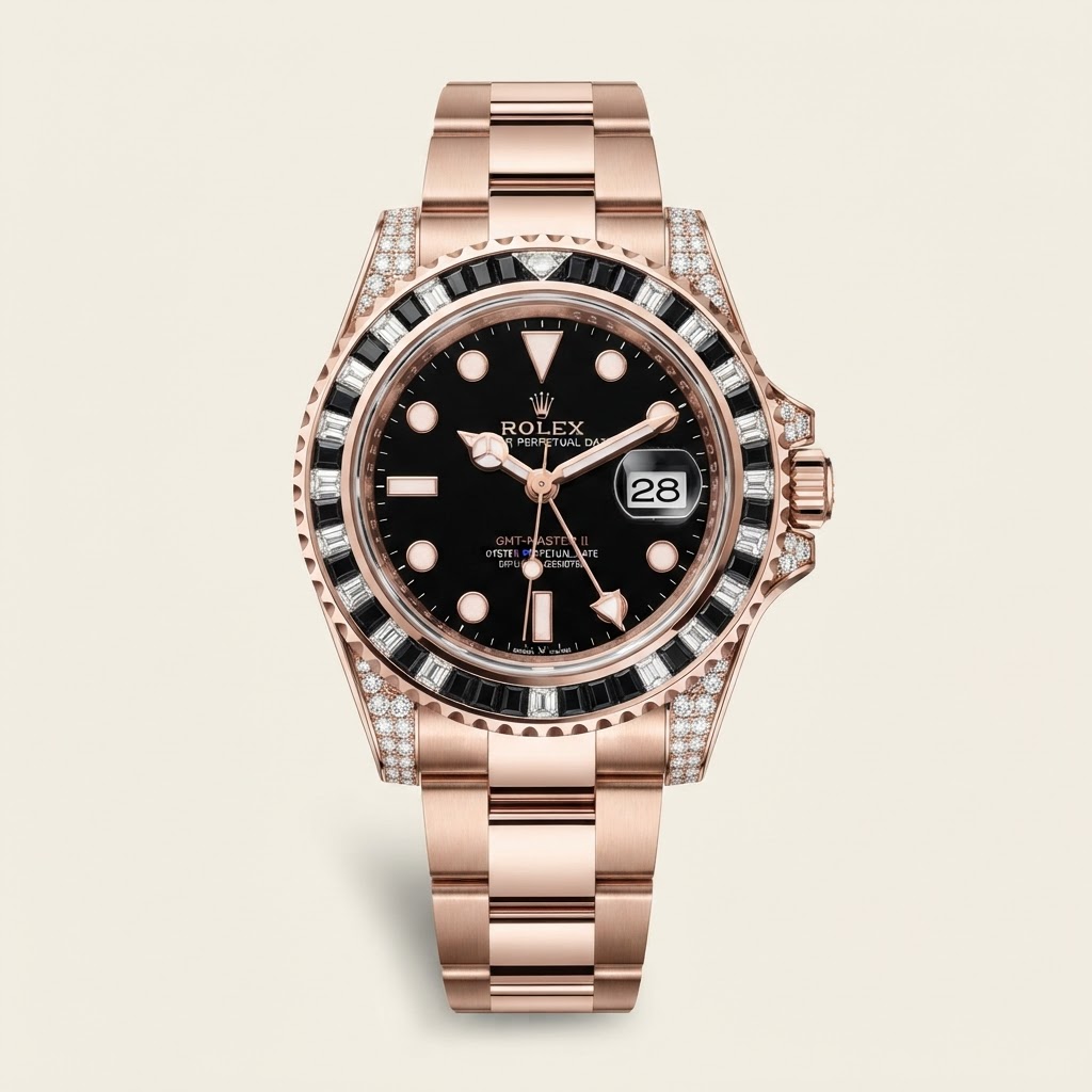 Rolex Rolex GMT-Master II — Gloss Black Dial with Applied 18k Everose Gold Chromalight Markers Gem-Set Precious Metal Dual-Time Professional Watch 18k Everose Gold