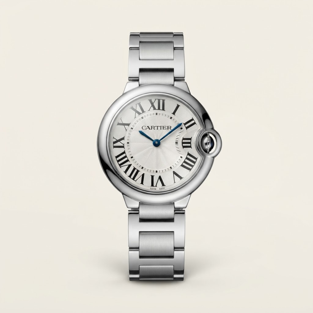 Cartier Ballon Bleu de Cartier 33mm — Silvered Opaline Guilloché Dress / Classic Round Stainless Steel