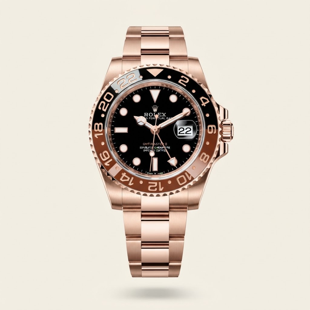 Rolex Rolex GMT-Master II — Intense Black Lacquer Dial with Applied 18k Everose Gold Chromalight Markers Precious Metal Dual-Time Professional Watch 18k Everose Gold