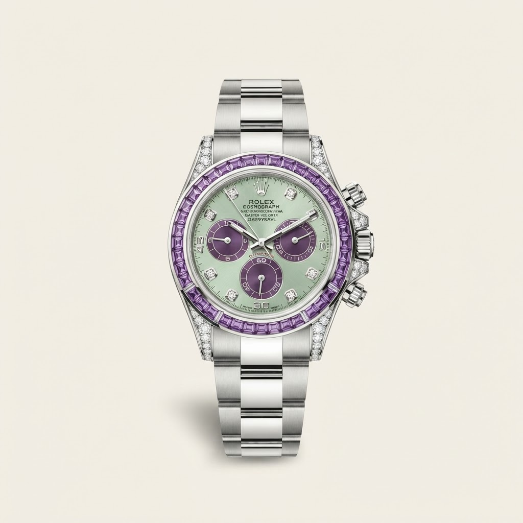 Rolex Rolex Cosmograph Daytona — Pale Green Hardstone Dial with Purple Contrasting Subdials and Diamond Hour Markers Gem-Set Precious Metal Chronograph Watch 18k White Gold