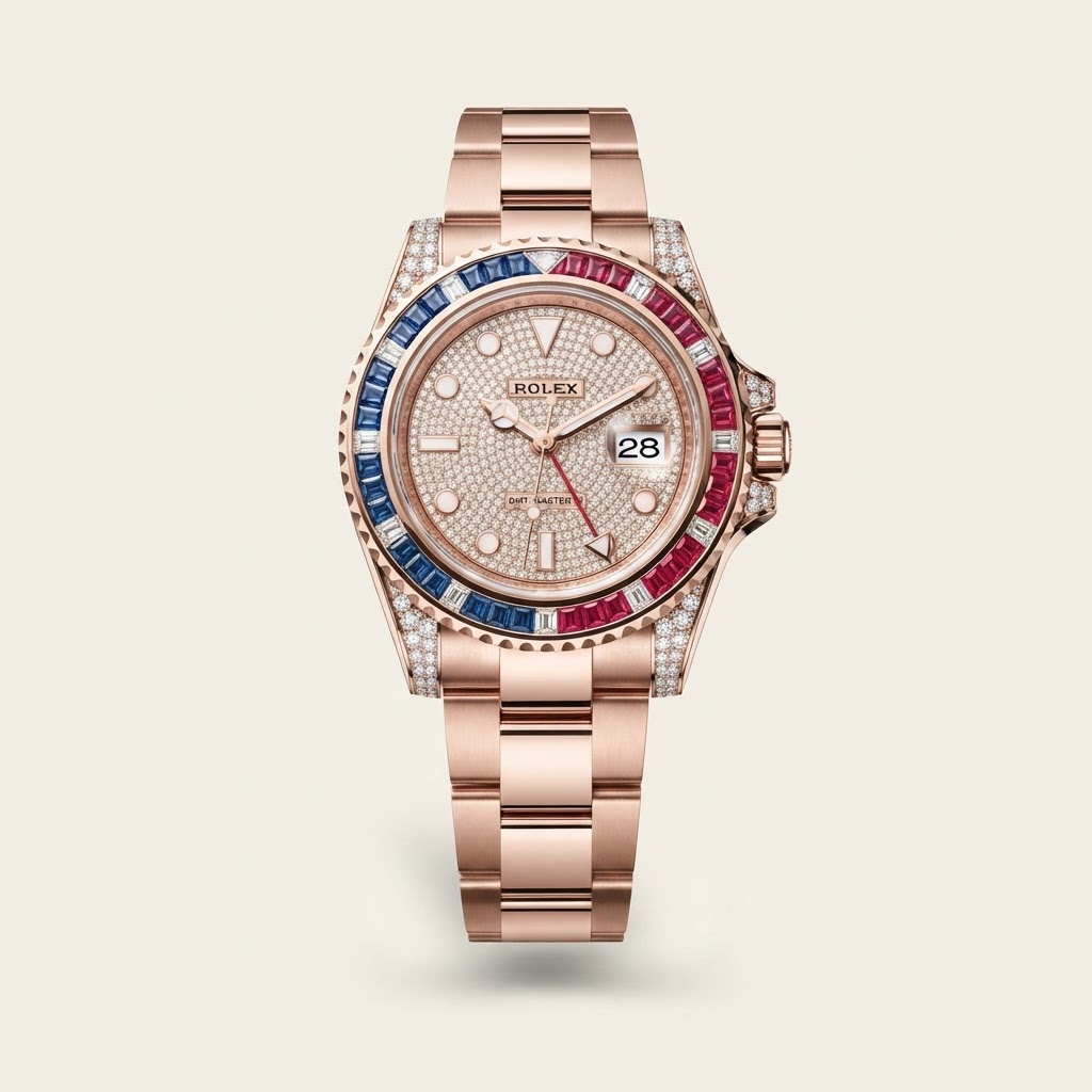 Rolex Rolex GMT-Master II — Pavé Diamond Dial with Applied 18k Everose Gold Luminous Hour Markers Gem-Set Precious Metal Dual-Time Professional Watch 18k Everose Gold