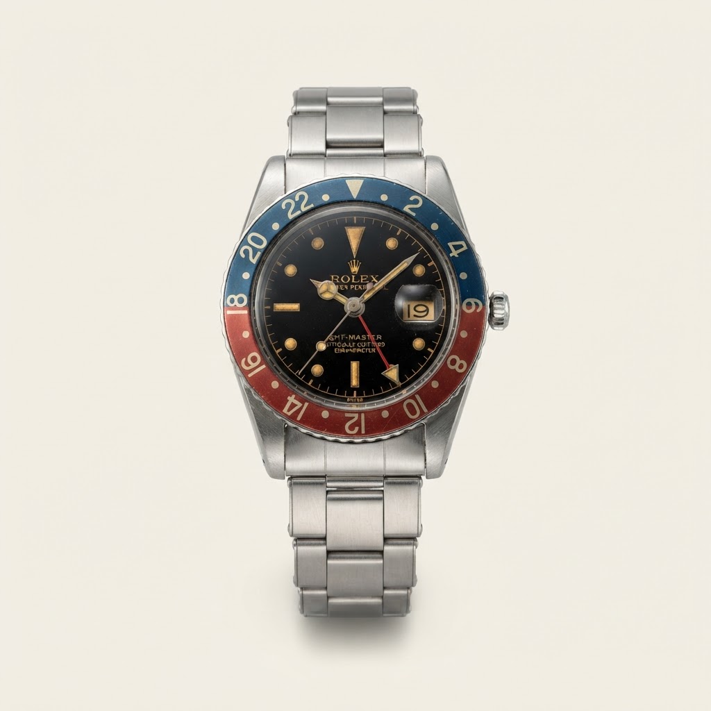 Rolex Rolex GMT-Master — Gloss Black Gilt Dial with Radium Dot, Baton, and Triangular Hour Markers Vintage Professional Dual-Time Watch Stainless Steel
