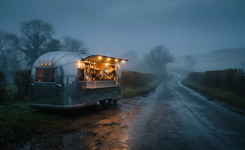 The food truck glowing at dawn on a misty London Road