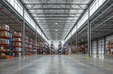 Interior of a modern industrial warehouse with high ceilings and steel structure