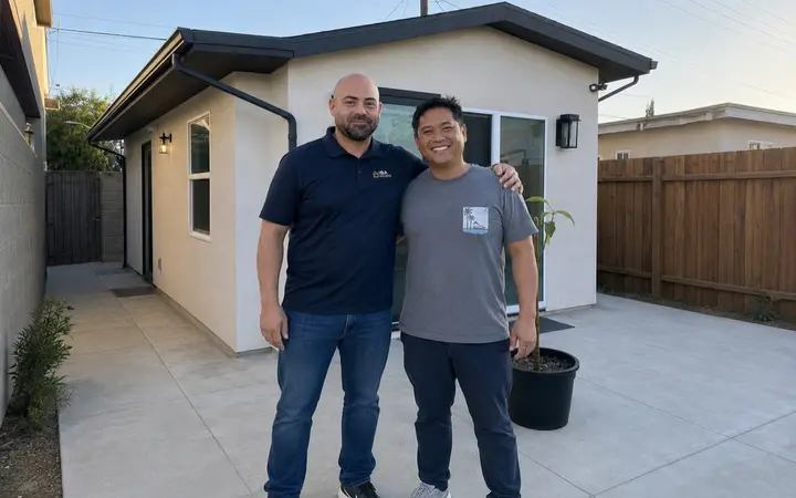 Homeowner and the IBA Builders representative outside a finished white stucco ADU at dusk